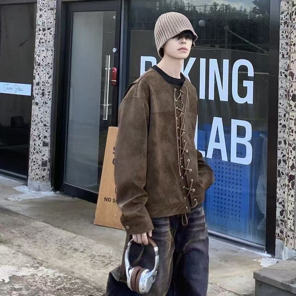 美拉德復古皮衣外套男春秋款設計感小眾高級感痞帥抽繩對襟夾克衫