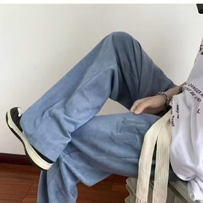 秋麂皮褲男潮牌美式復古寬松直筒闊腿休閒長褲歐美高街褲