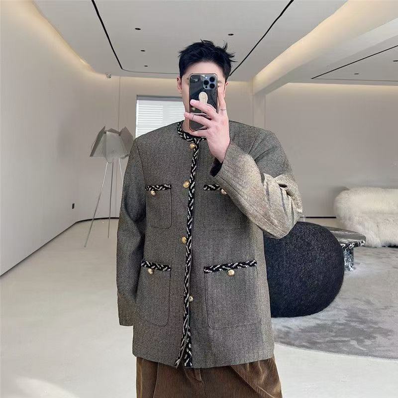 秋季外套高級感復古無領輕奢夾克男裝