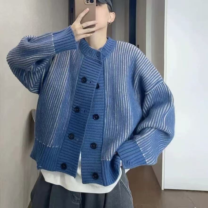 美式雙排扣毛衣男款秋季透氣寬松針織衫潮牌簡約休閒開衫外套穿搭