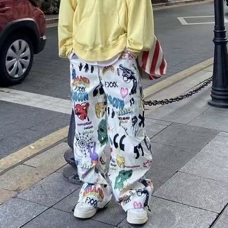 特大碼美式復古手繪彩色塗鴉直筒休閒褲百搭闊腿