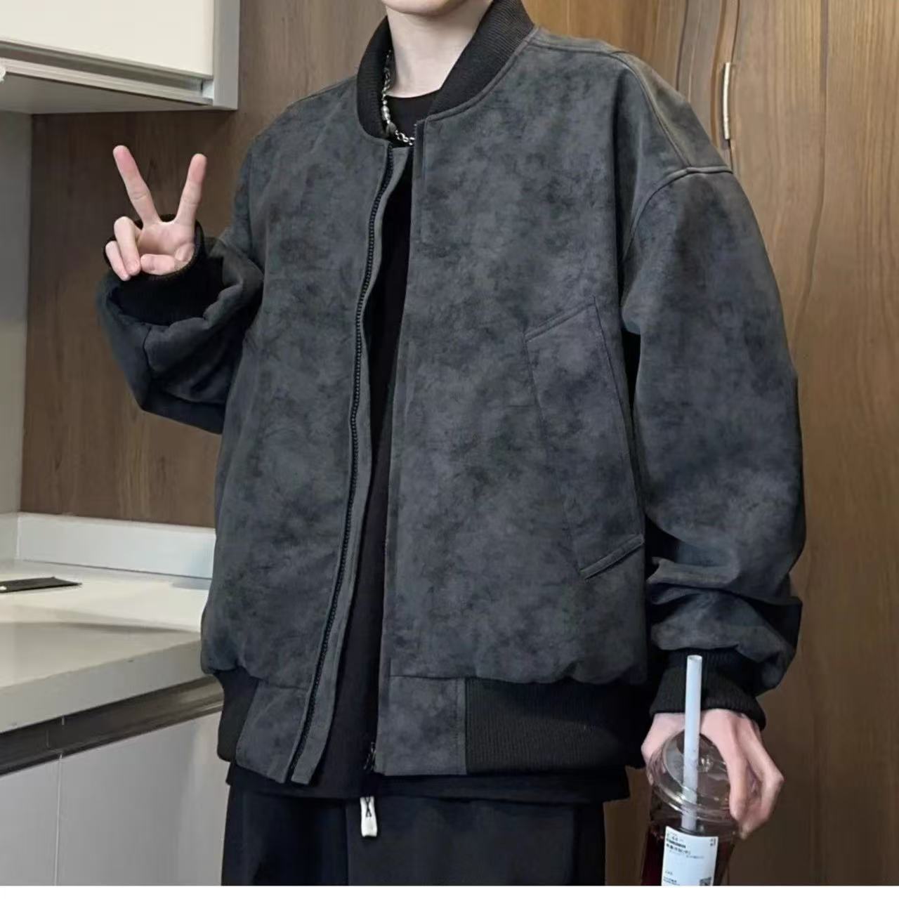 美式休閒春秋款潮男扎染PU皮夾克寬松機車復古高街外套皮衣