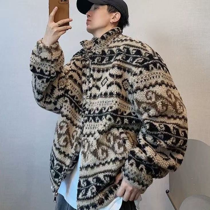 大碼男裝冬季提花羊羔毛保暖潮牌寬松立領拉鍊厚外套