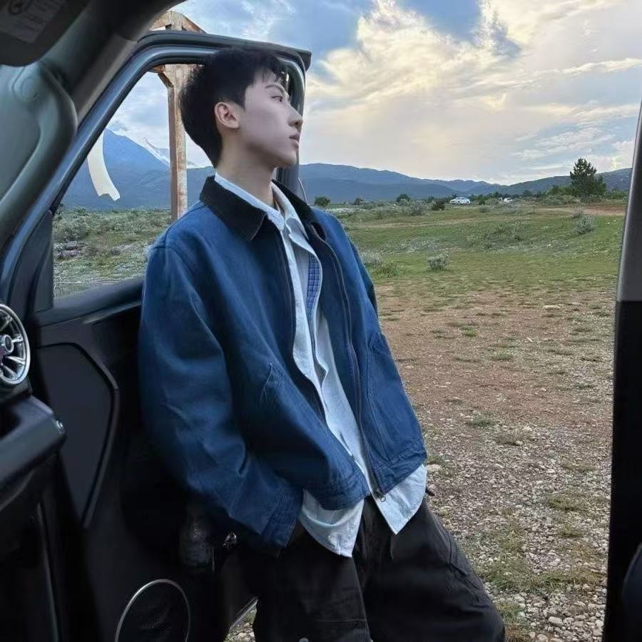 男藍色翻領牛仔夾克復古簡約百搭港風寬松小眾夾克藍色