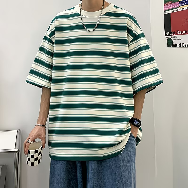 休閒寬鬆條紋潮流百搭款短袖T恤