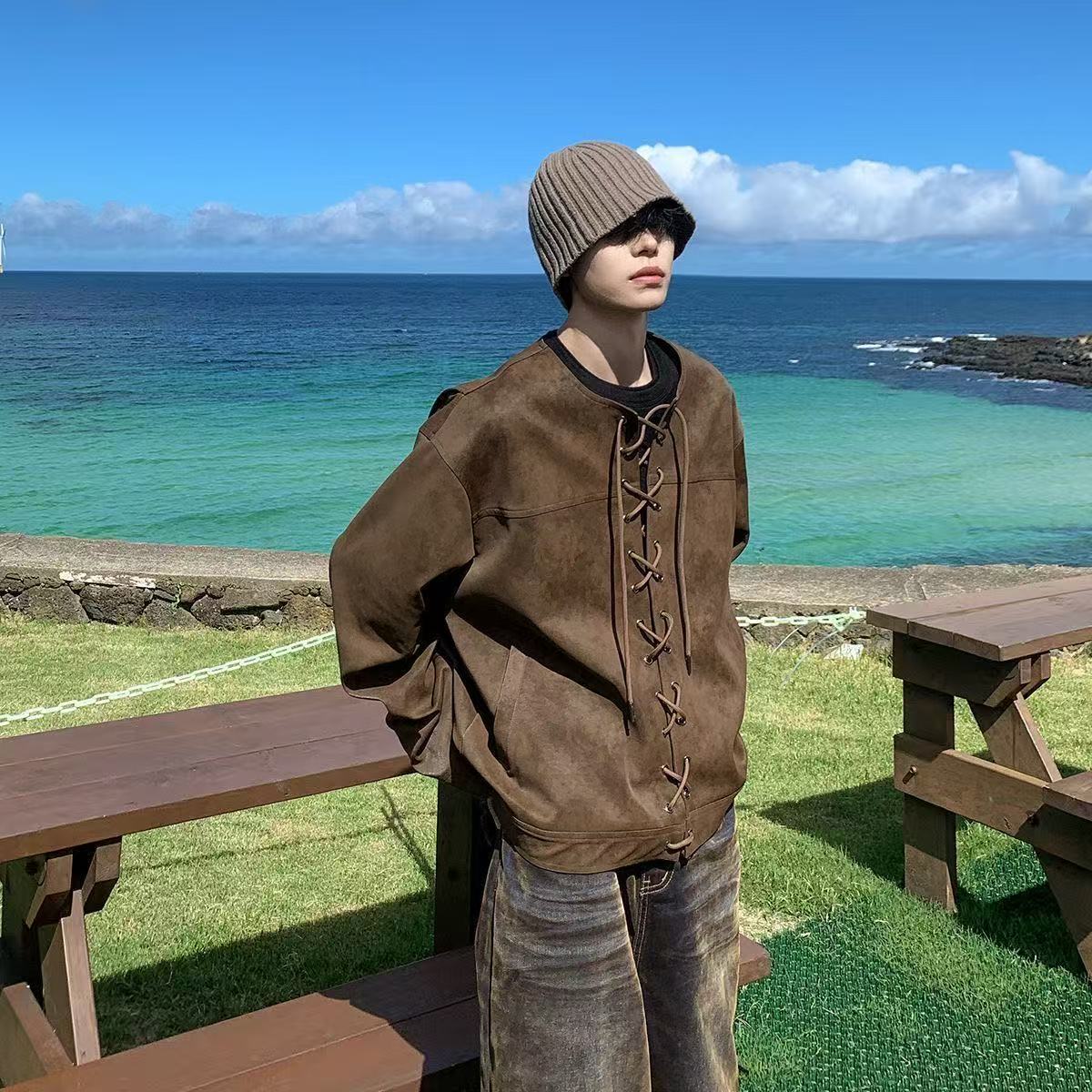 美拉德復古皮衣外套男春秋款設計感小眾高級感痞帥抽繩對襟夾克衫
