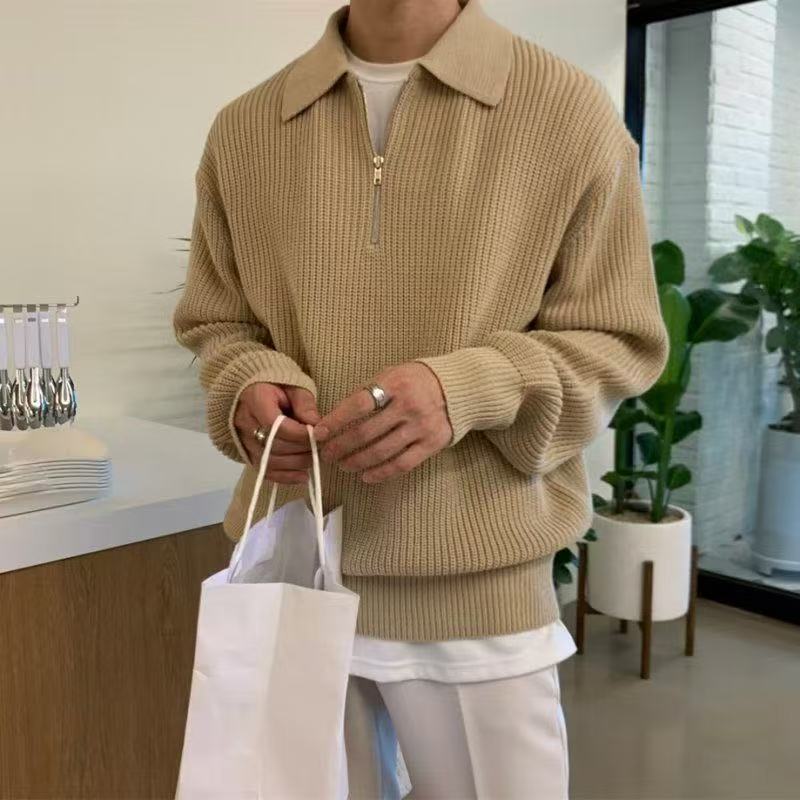 半拉鍊毛衣男秋冬季翻領針織衫寬松古著休閒上衣