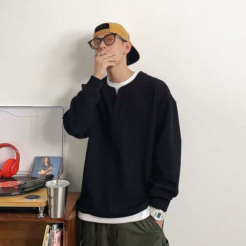 亨利領假兩件華夫格T恤衫男韓版寬松休閒百搭長袖上衣