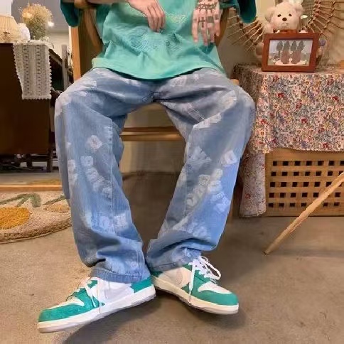 美式復古做舊字母牛仔褲男寬松直筒痞帥多口袋闊腿潮牌春秋褲