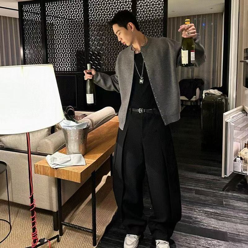 金屬針織開衫門禁外套毛衣男復古寬松針織衫百搭高級新款純色