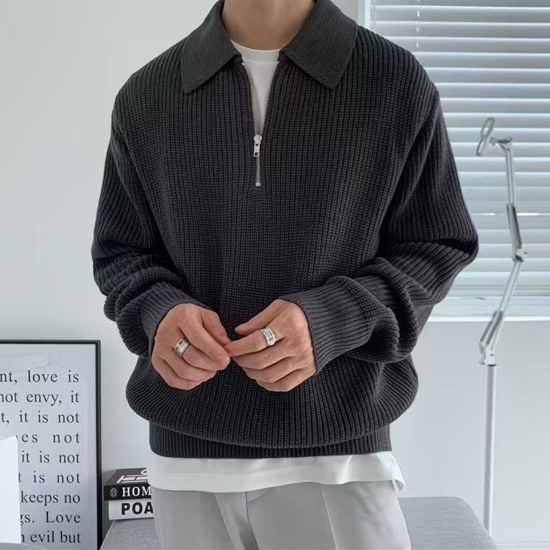 半拉鍊毛衣男秋冬季翻領針織衫寬松古著休閒上衣