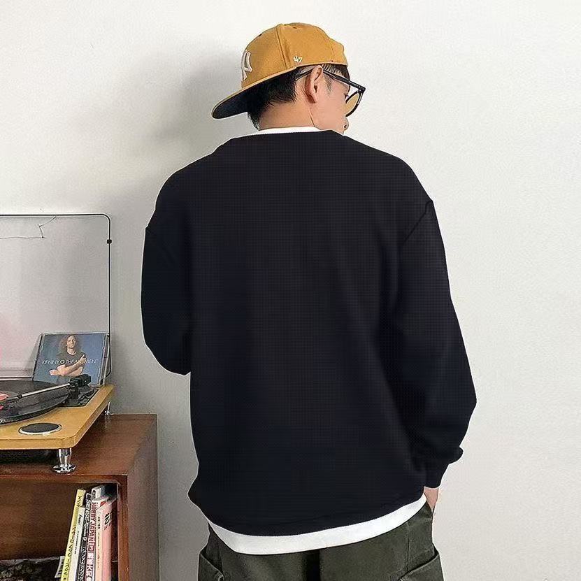 亨利領假兩件華夫格T恤衫男韓版寬松休閒百搭長袖上衣