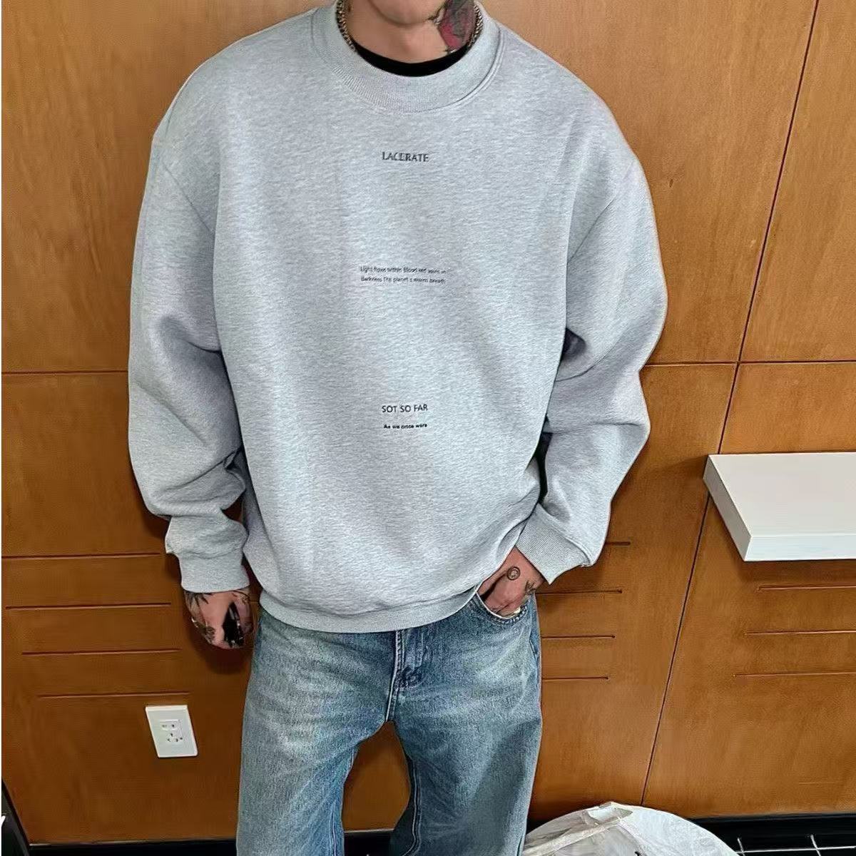 美式圓領衛衣復古加絨加厚套頭上衣男款
