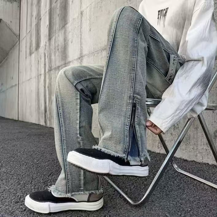 水洗毛邊開叉直筒拉鍊微喇牛仔褲男美式復古通勤春秋款