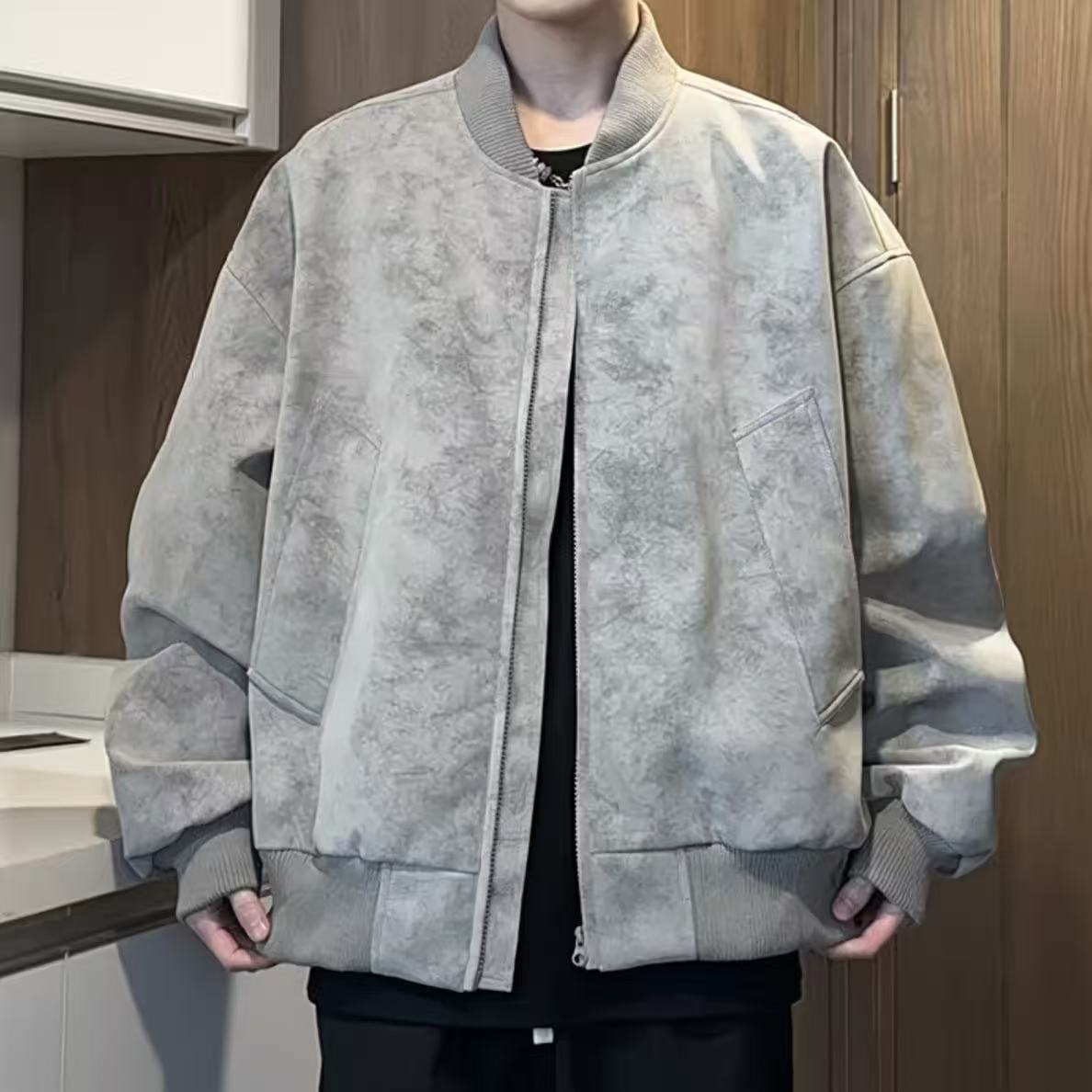 美式休閒春秋款潮男扎染PU皮夾克寬松機車復古高街外套皮衣
