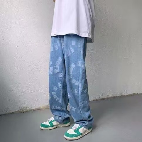 美式復古做舊字母牛仔褲男寬松直筒痞帥多口袋闊腿潮牌春秋褲