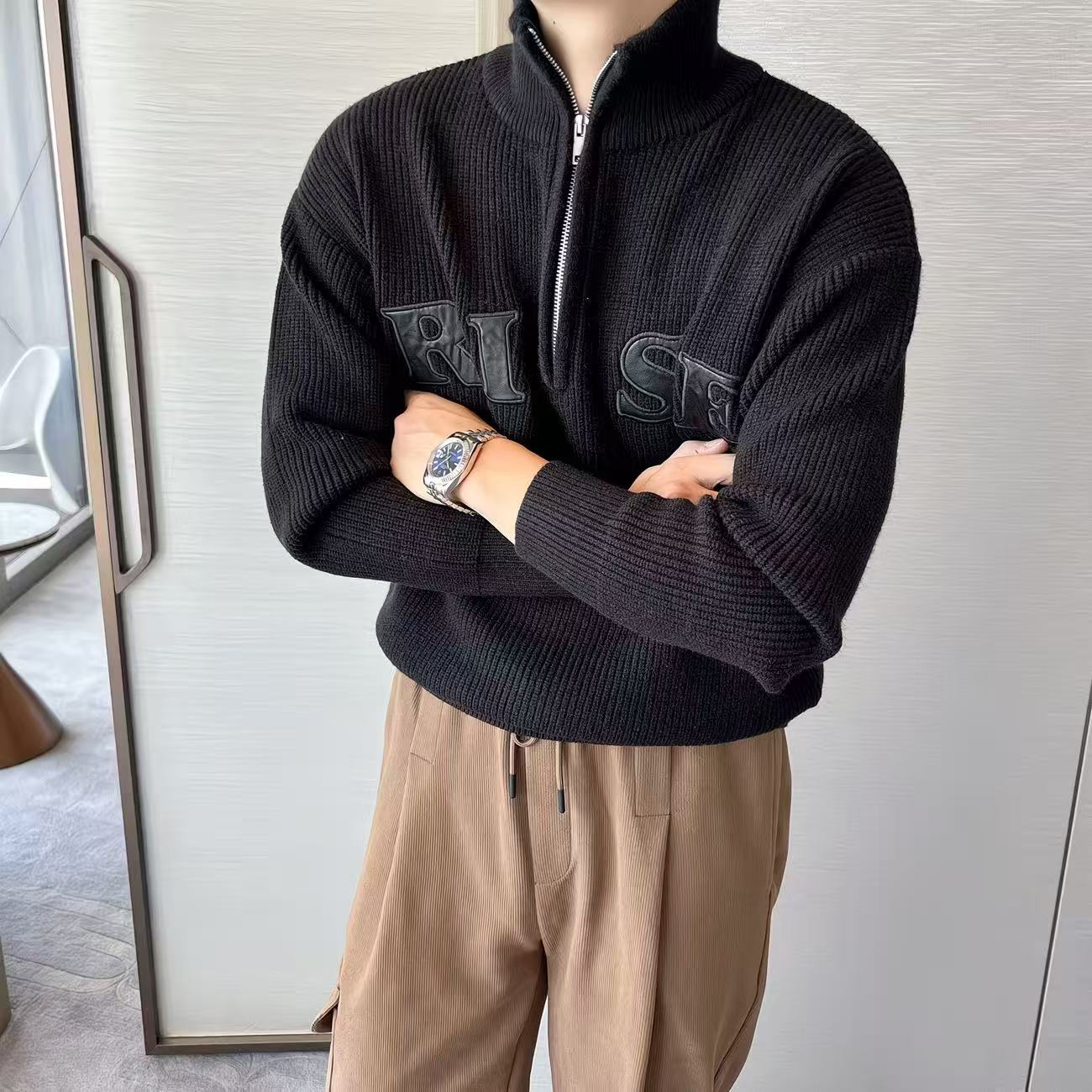秋冬季半高領毛衣男休閒設計感拉鍊毛衣針織衫時尚寬松上衣
