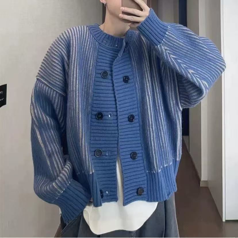美式雙排扣毛衣男款秋季透氣寬松針織衫潮牌簡約休閒開衫外套穿搭
