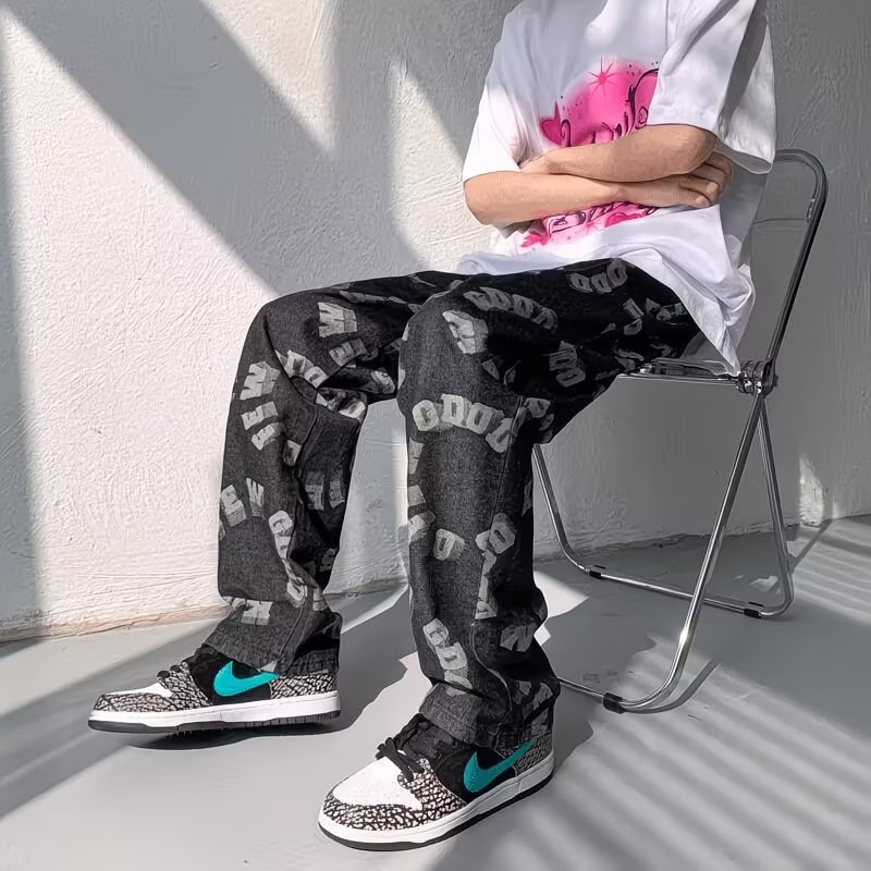 美式復古做舊字母牛仔褲男寬松直筒痞帥多口袋闊腿潮牌春秋褲