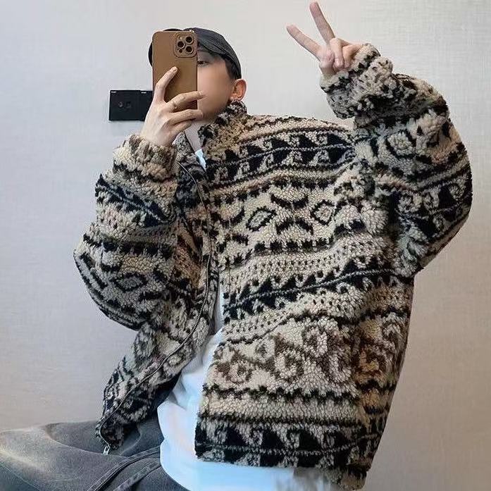 大碼男裝冬季提花羊羔毛保暖潮牌寬松立領拉鍊厚外套