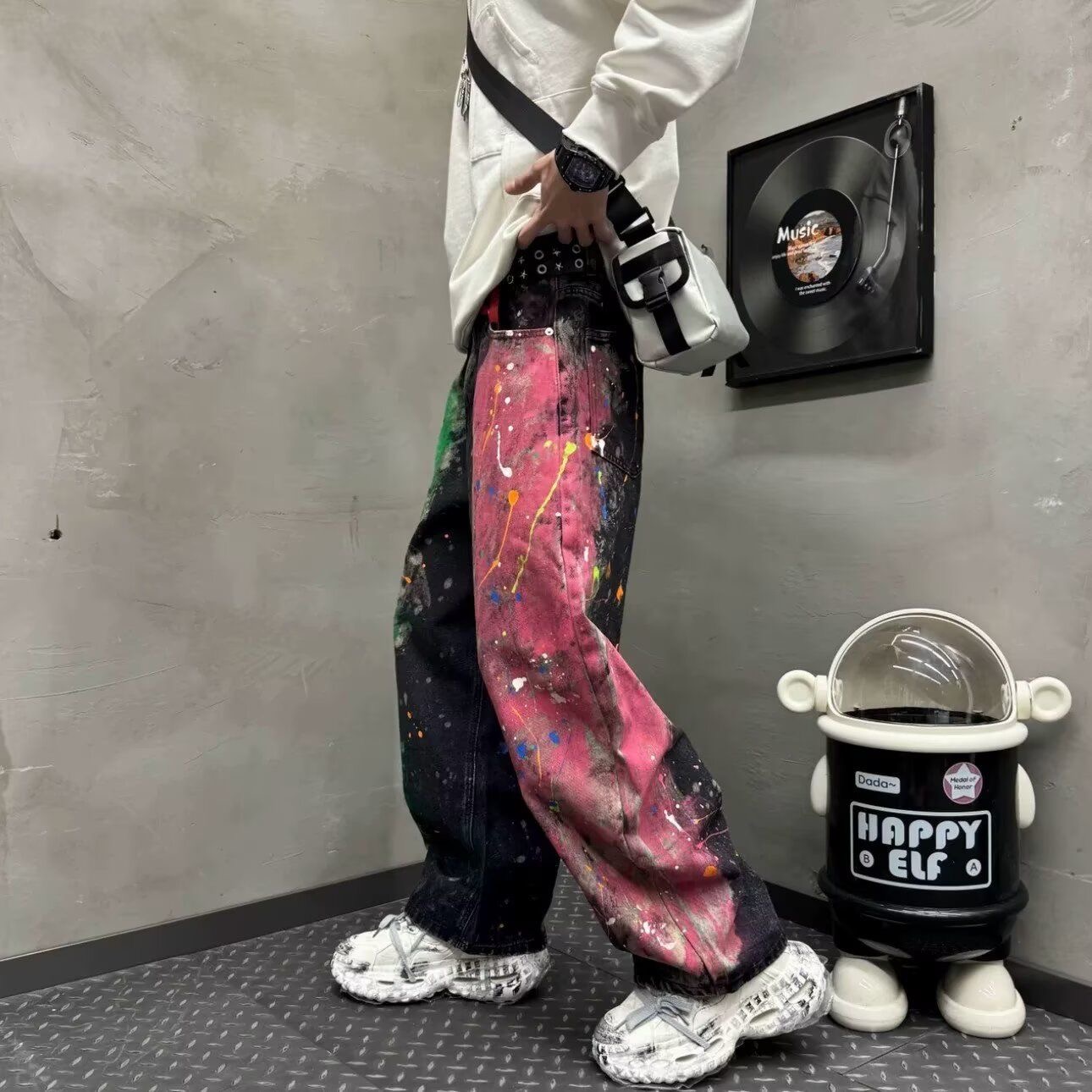 小眾塗鴉彩繪闊腿彎刀牛仔褲男潮牌街頭痞帥拖地褲休閒褲