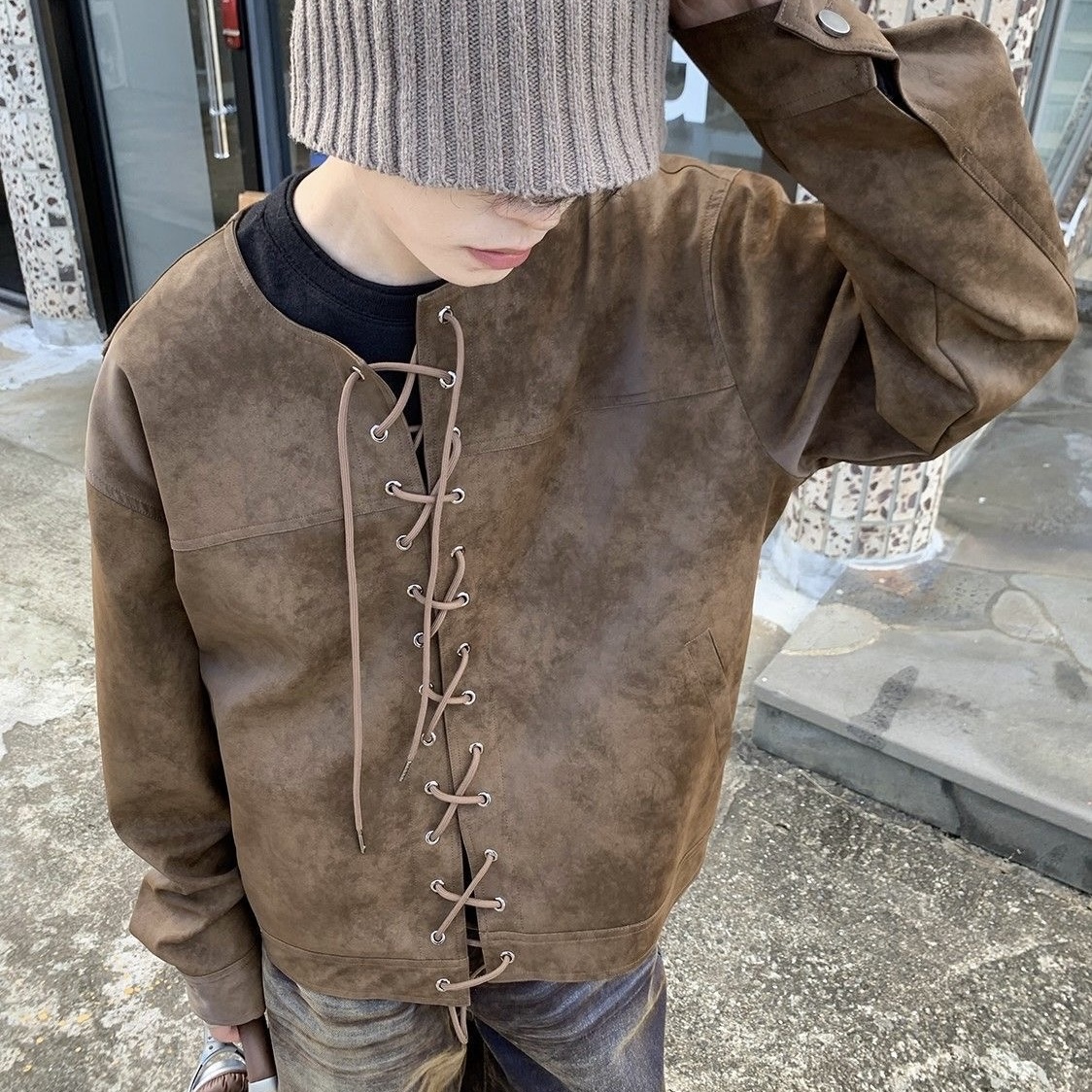 美拉德復古皮衣外套男春秋款設計感小眾高級感痞帥抽繩對襟夾克衫