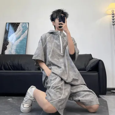 【套裝】美式復古紮染男女連帽半拉鍊短袖+運動休閒短褲兩件套