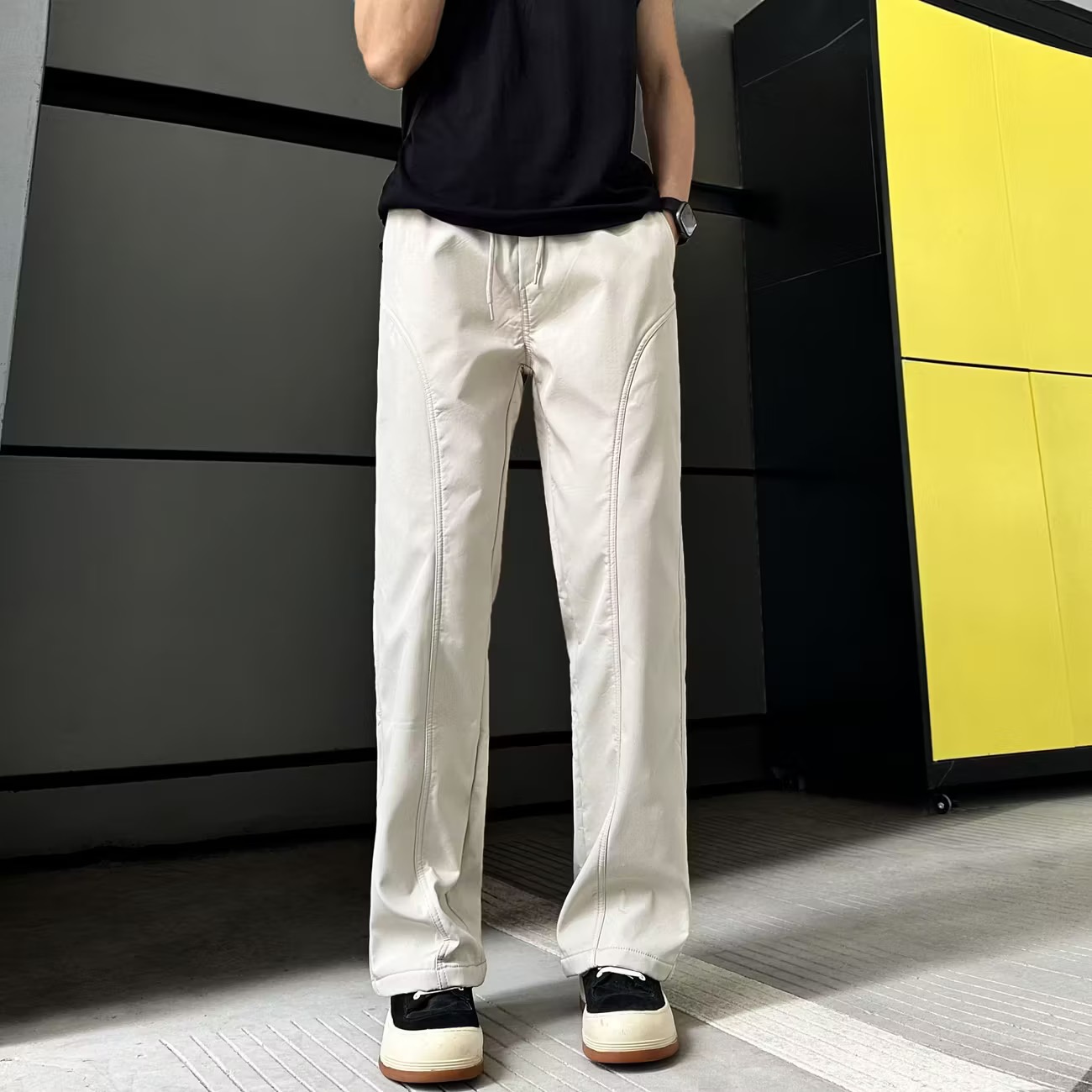 美式潮流微喇休閒褲男士春夏季寬松直筒斜切長褲