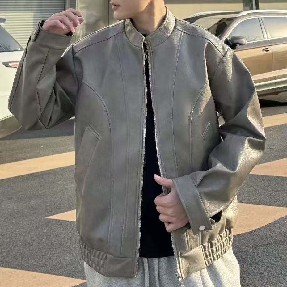 美式簡約PU皮夾克男女春秋季新款潮牌短款休閒棒球領外套潮上衣
