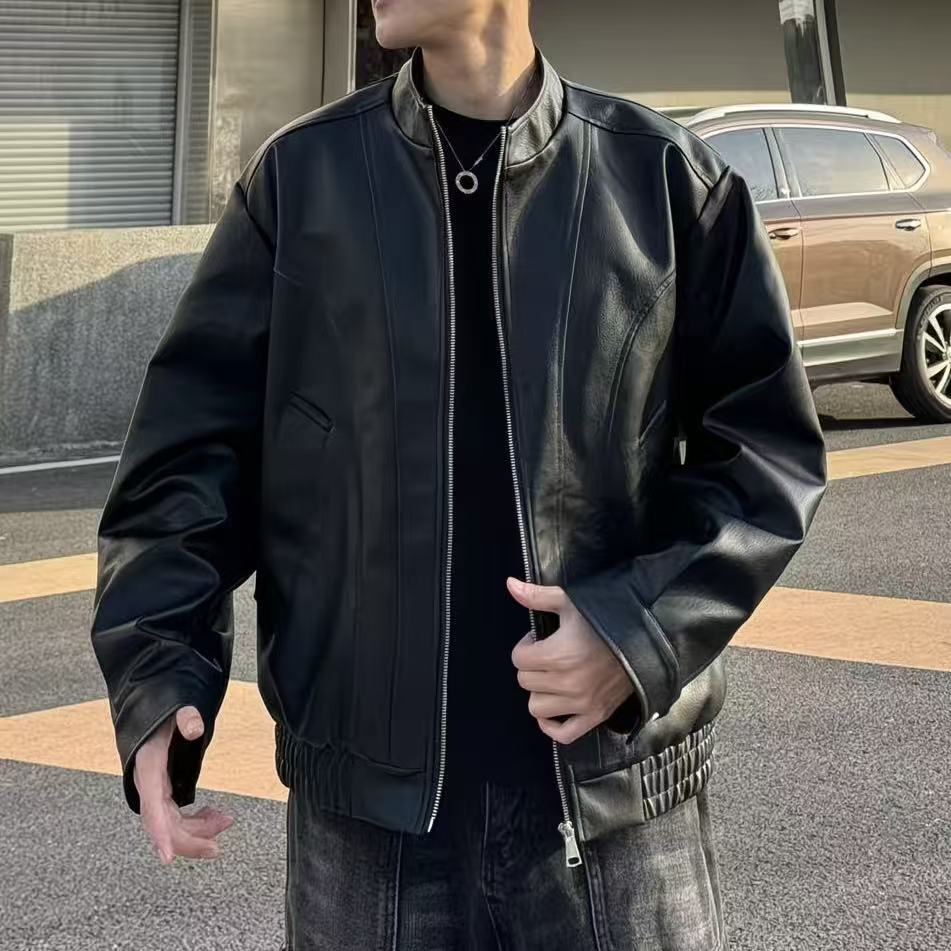 美式簡約PU皮夾克男女春秋季新款潮牌短款休閒棒球領外套潮上衣