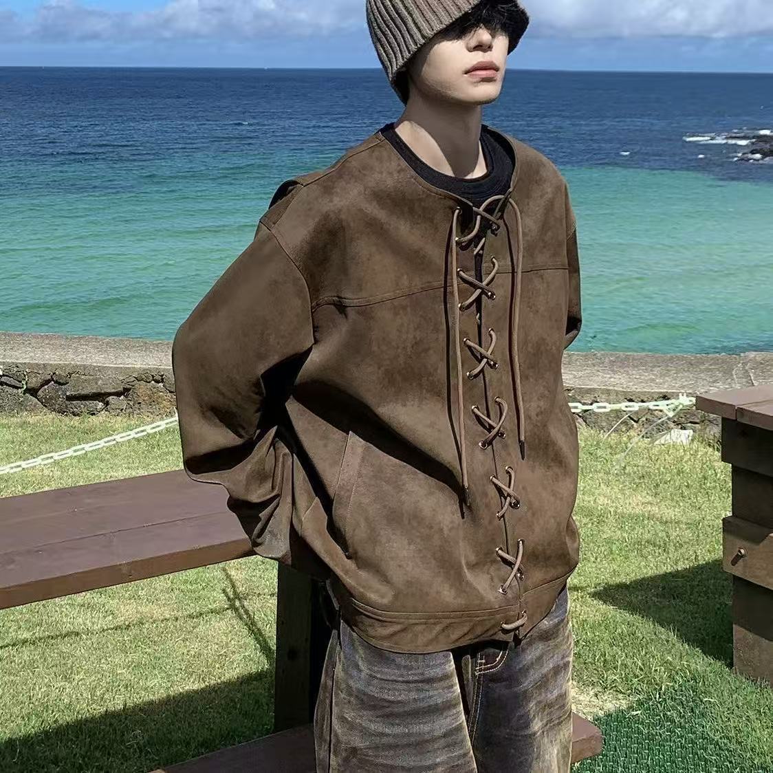 美拉德復古皮衣外套男春秋款設計感小眾高級感痞帥抽繩對襟夾克衫