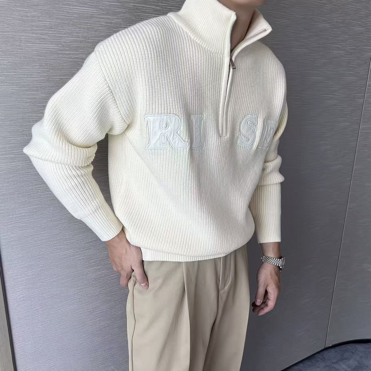 秋冬季半高領毛衣男休閒設計感拉鍊毛衣針織衫時尚寬松上衣