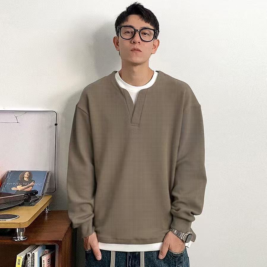 亨利領假兩件華夫格T恤衫男韓版寬松休閒百搭長袖上衣