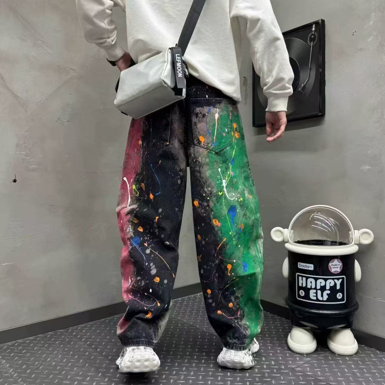 小眾塗鴉彩繪闊腿彎刀牛仔褲男潮牌街頭痞帥拖地褲休閒褲