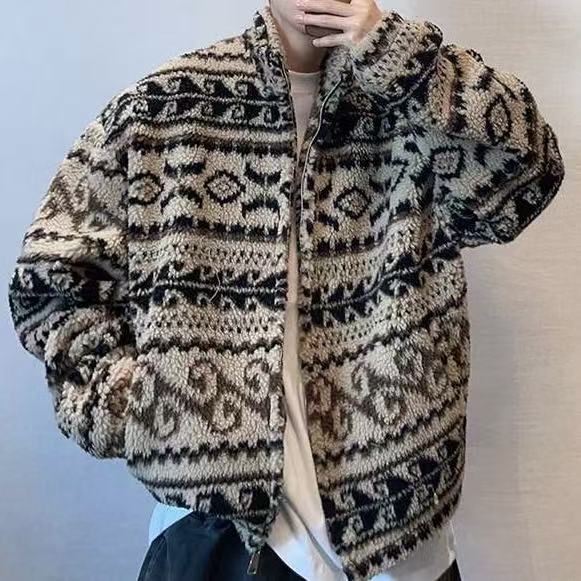 大碼男裝冬季提花羊羔毛保暖潮牌寬松立領拉鍊厚外套