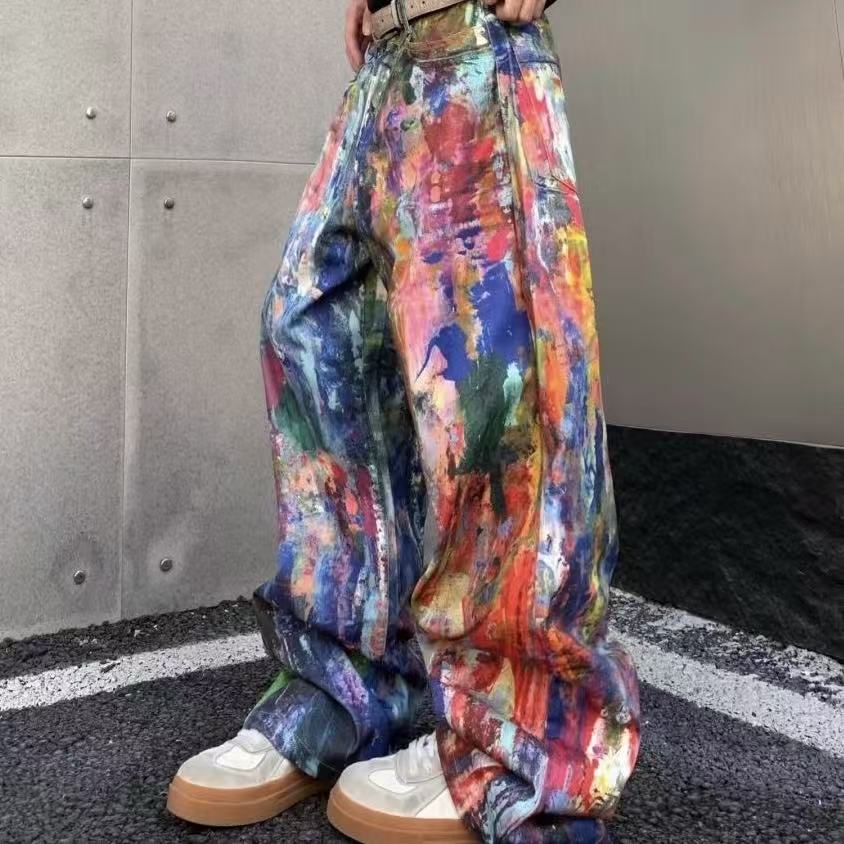 美式潮牌夏季潑墨塗鴉牛仔褲男士寬松直筒復古油畫風長褲闊腿
