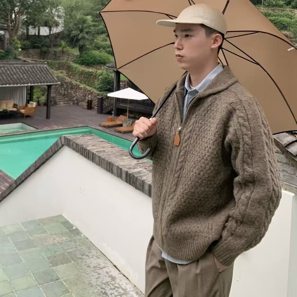新款美式復古絞花肌理針織衫毛衣男休閒通勤開衫外套男