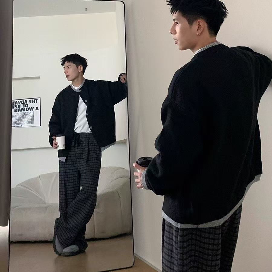 美式復古撞色兩件雙層慵懶毛衣老錢風秋季休閒開衫針織衫針織外套