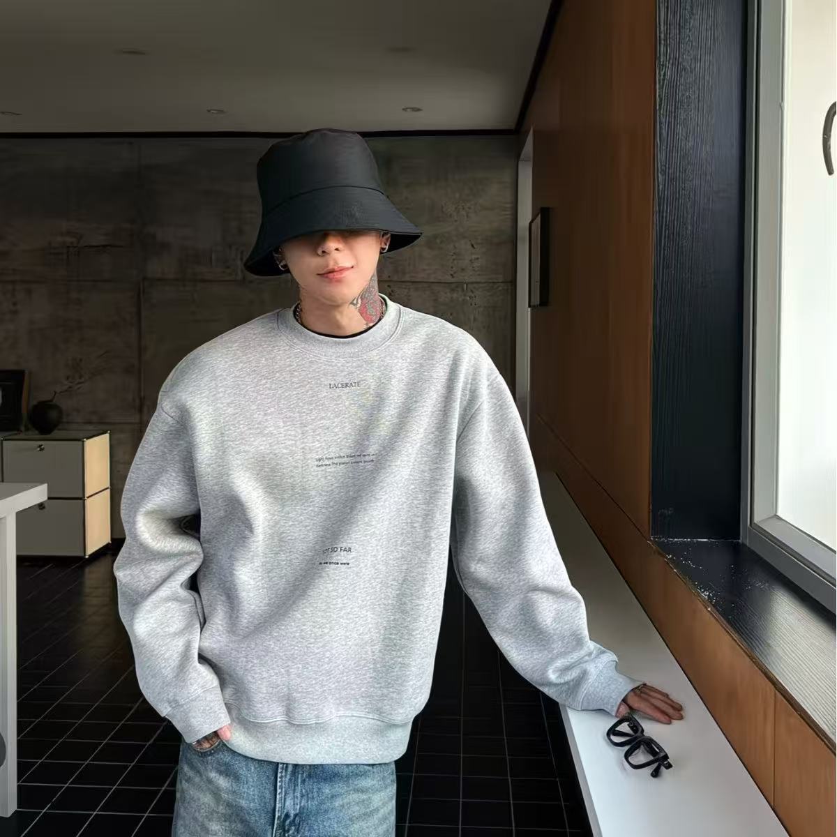 美式圓領衛衣復古加絨加厚套頭上衣男款