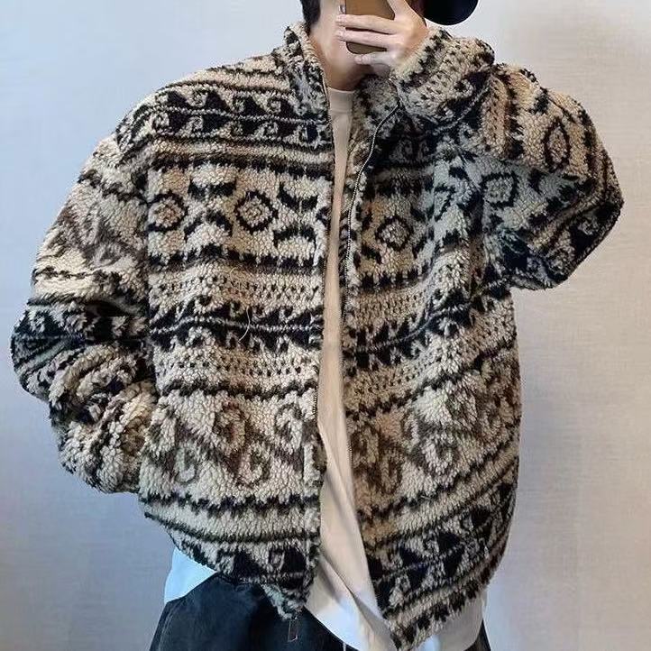 大碼男裝冬季提花羊羔毛保暖潮牌寬松立領拉鍊厚外套