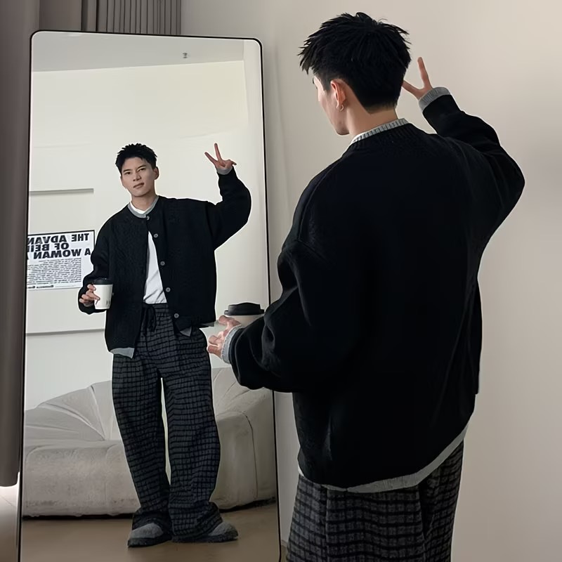 美式復古撞色兩件雙層慵懶毛衣老錢風秋季休閒開衫針織衫針織外套