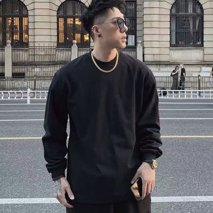 時尚帥氣男士長袖上衣束口輕奢正肩高檔青少年打底T恤衫