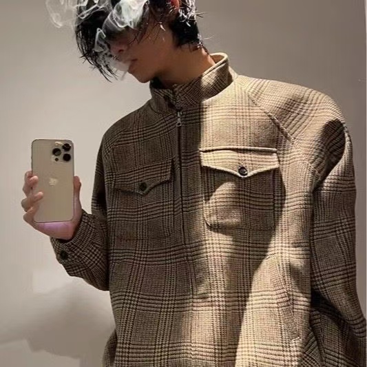復古威爾士親王千鳥格哈靈頓夾克男美拉德短寬高級感外套
