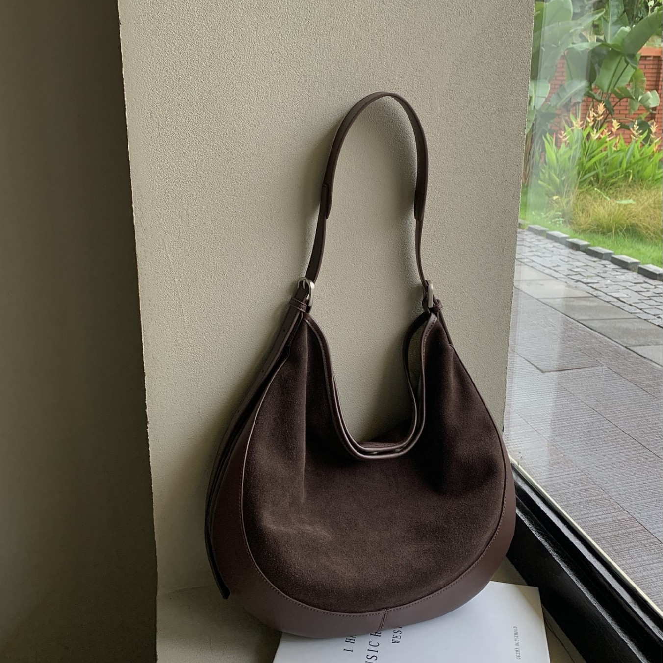 Color-Block Suede Crescent Shoulder Bag
