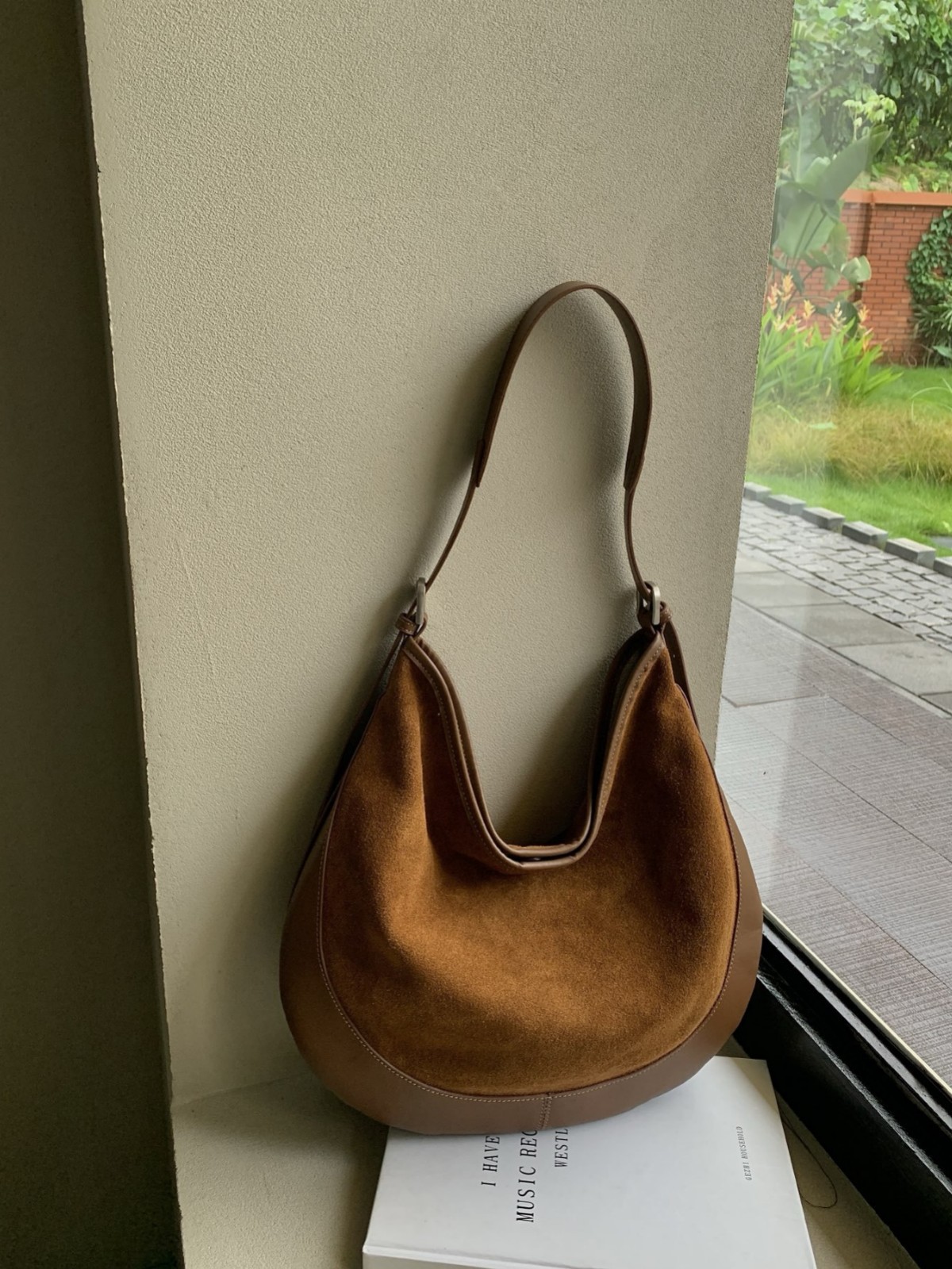 Color-Block Suede Crescent Shoulder Bag