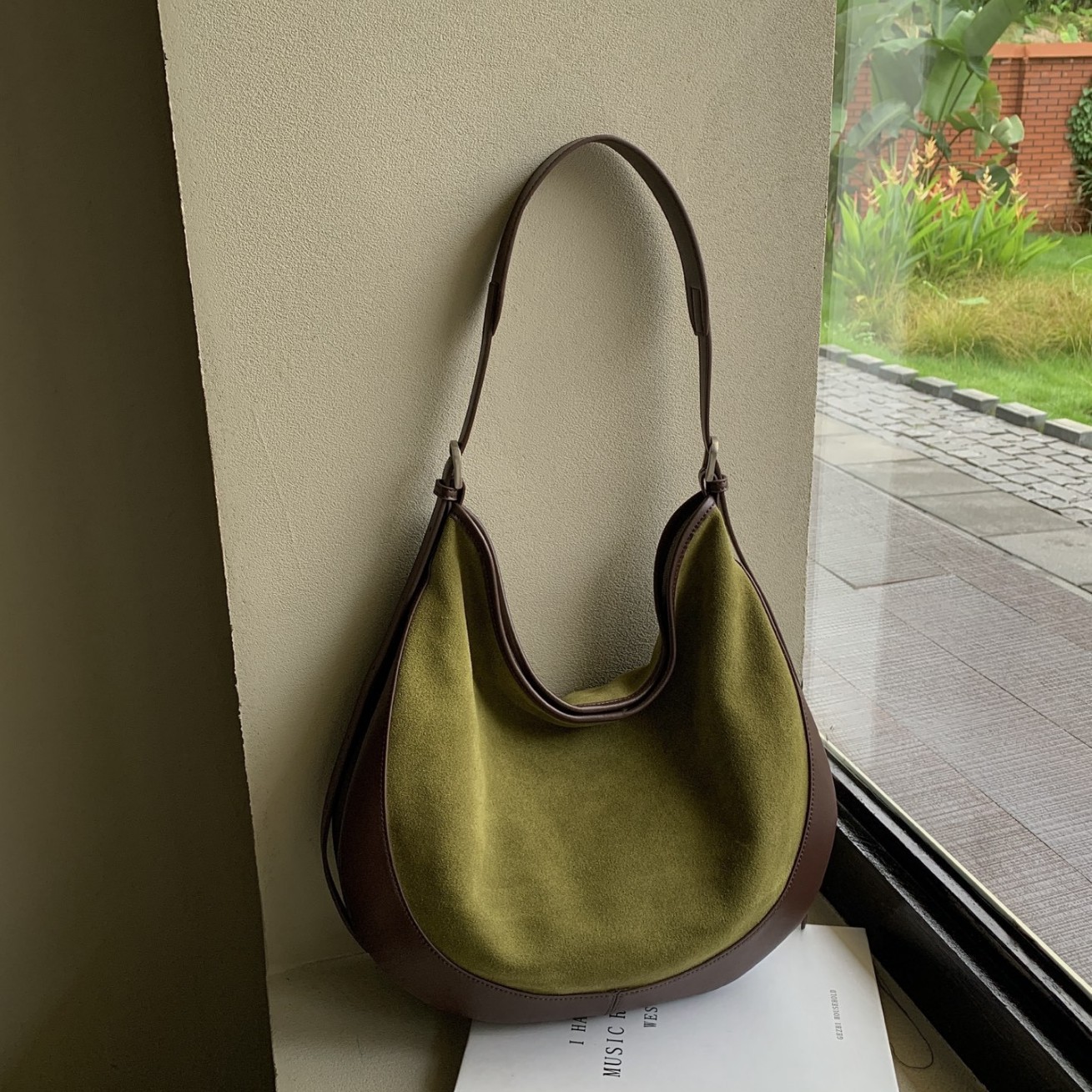 Color-Block Suede Crescent Shoulder Bag