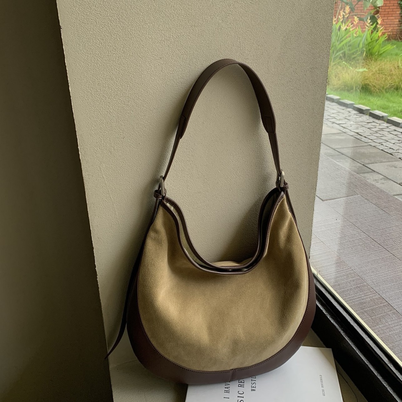 Color-Block Suede Crescent Shoulder Bag