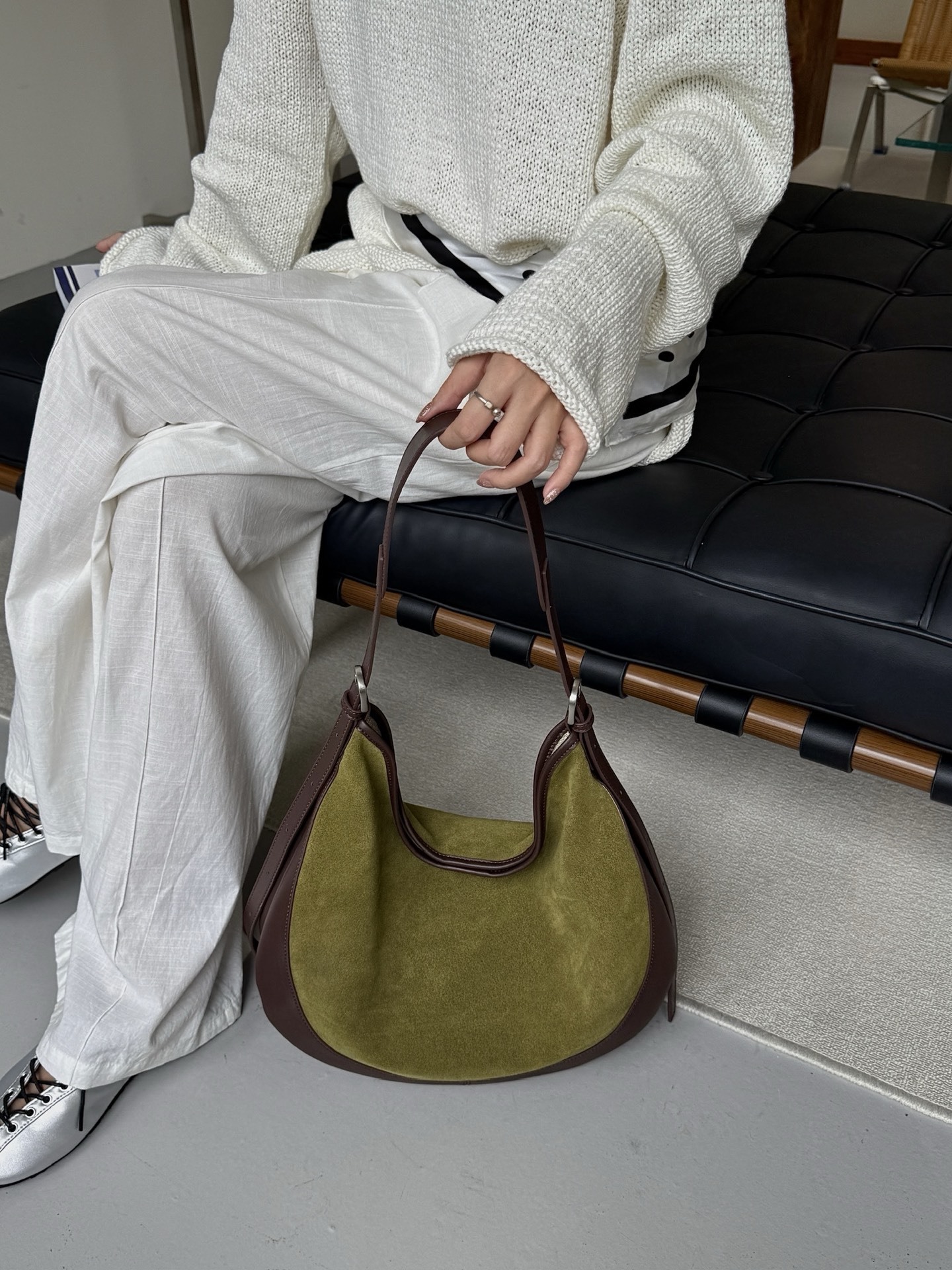 Color-Block Suede Crescent Shoulder Bag