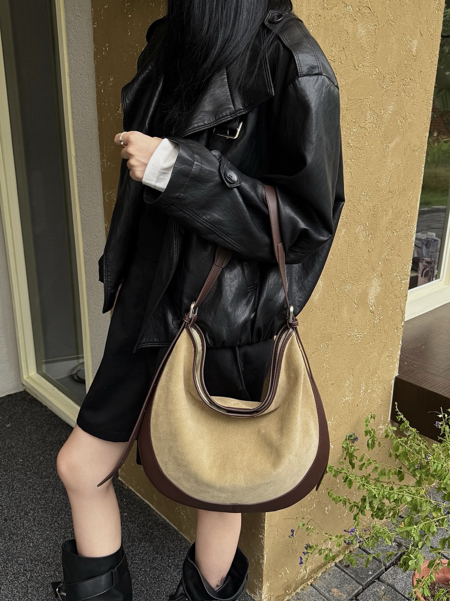 Color-Block Suede Crescent Shoulder Bag