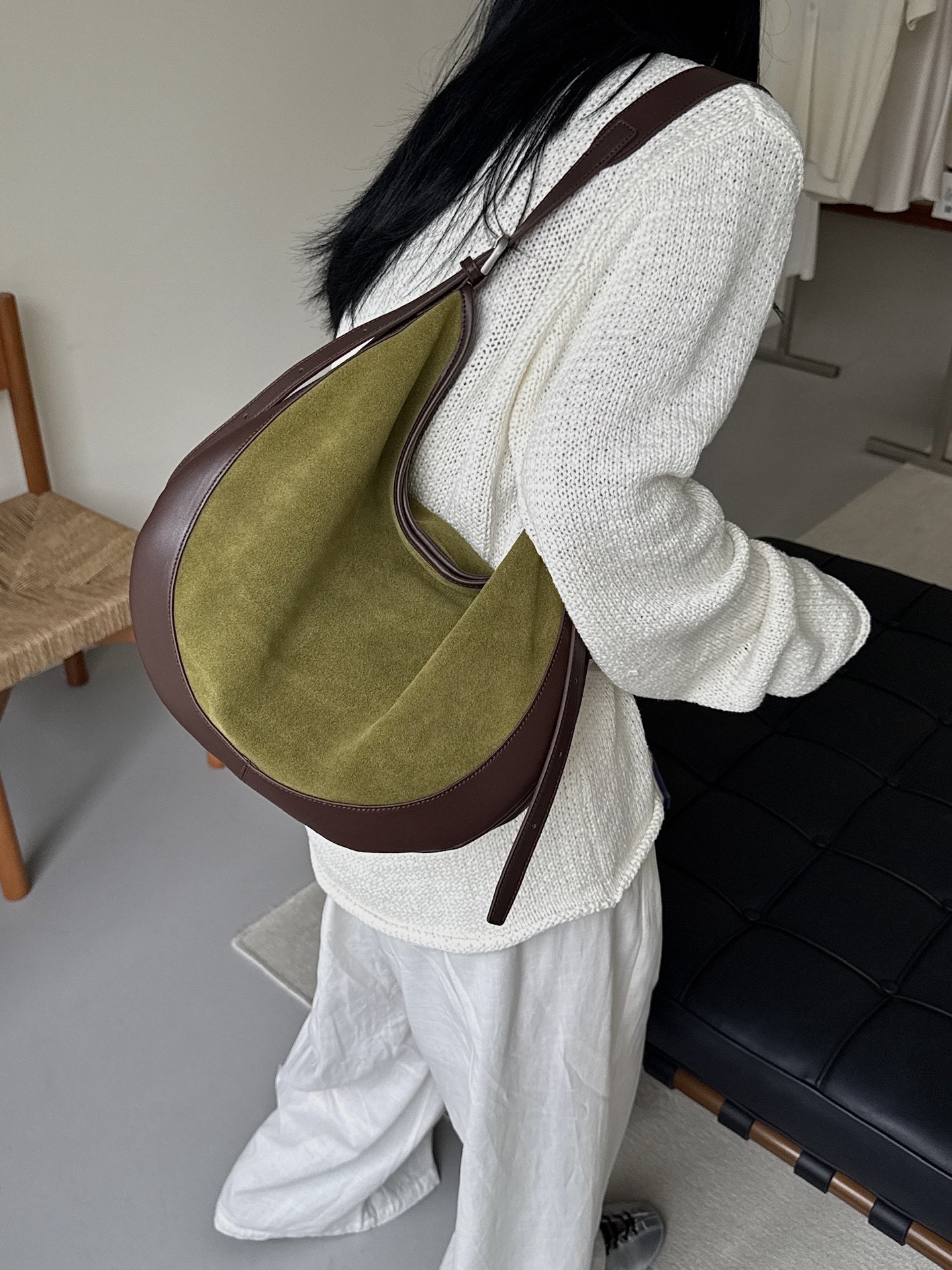 Color-Block Suede Crescent Shoulder Bag